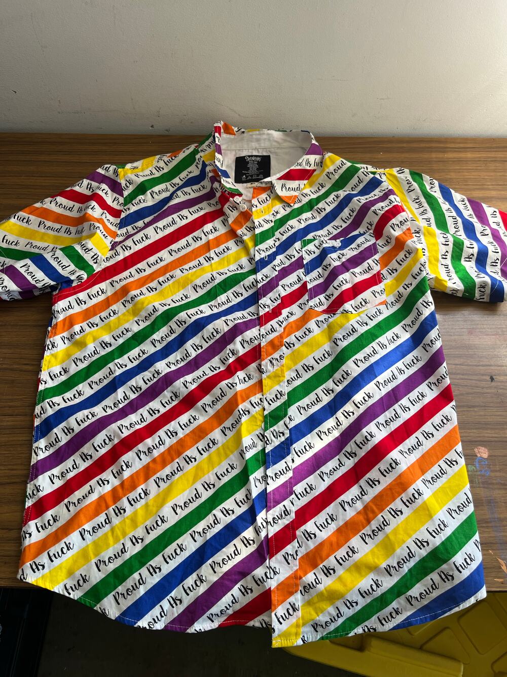 Spencers rainbow stripe short sleeve button up shirt with chest pocket and allov
